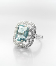 EXQUISITE 18kt White Gold Plated 5.38CT Aquamarine Blue Topaz CZ Crystals Ring - £32.16 GBP+