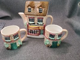 Collectible Ceramic Teapot &quot;The Old Sweet Shop&quot; Teapot and 2 Matching Cups - £18.62 GBP