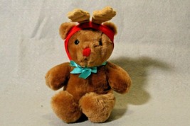 DAKIN VTG CHRISTMAS BROWN TEDDY BEAR STUFFED ANIMAL PLUSH TOY ANTLER HAT - £9.07 GBP