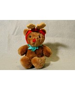 DAKIN VTG CHRISTMAS BROWN TEDDY BEAR STUFFED ANIMAL PLUSH TOY ANTLER HAT - $15.70 CAD