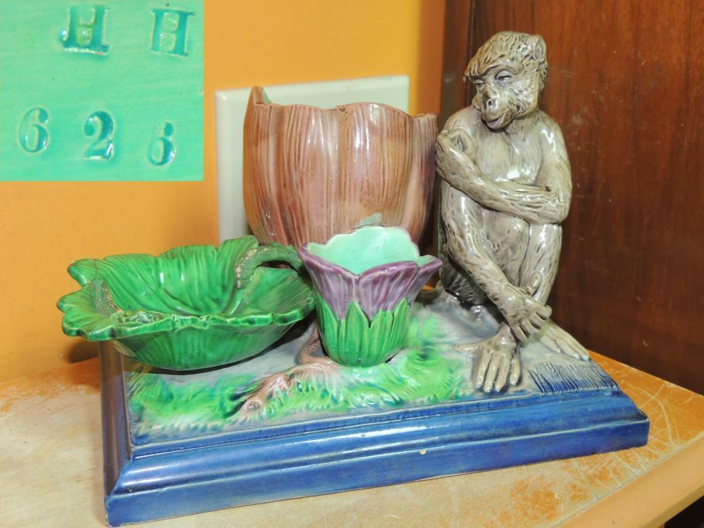 Antique Majolica Monkey dish 7.5&quot; marked H H 626 possibly Mintons Henry ... - $382.49