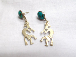 Signed Kokopelli Flute Player New Mexico Turquoise 925 Sterling Silver Earrings - £38.59 GBP