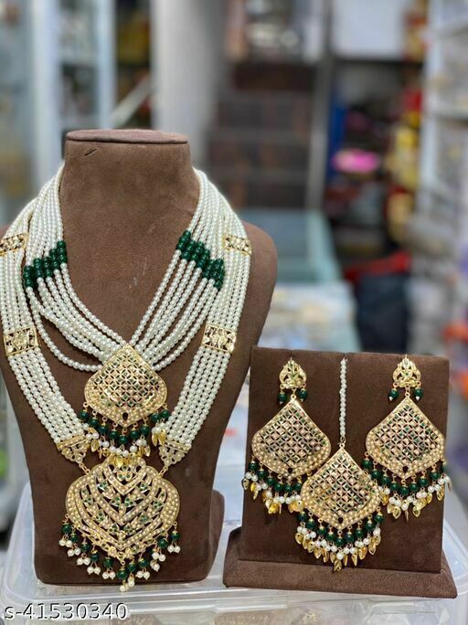 Primary image for Jadau Rani Haar Long Small Earrings Tikka Tika Jewelry Gold Plated Women Set