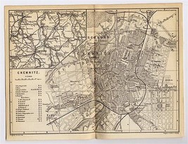 1886 Antique City Map Of Chemnitz Former KARL-MARX-STADT Saxony Sachsen Germany - £13.66 GBP