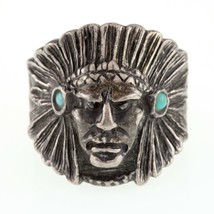 Vintage Native American Chief Sterling Silver Ring w/ Turquoise Accents SZ 11 - £100.42 GBP