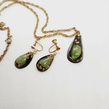 Vtg Necklace Earrings Set Lucite Gold Flake Plastic Resin Teardrop Mod P... - £15.70 GBP