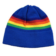 Vtg Vermont Originals 100% Wool Hand Knit Hat Beanie Blue Rainbow Stripe Pride - £19.77 GBP