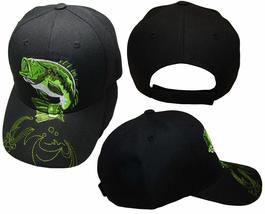 Kiss My Bass Large Mouth Bass Black Fishing Fish Green Embroidered Cap Hat - £7.89 GBP