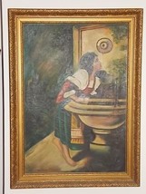 Antique L. Trestman Oil On Canvas Painting Of Woman And Fountain - £197.84 GBP