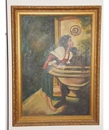 ANTIQUE L. TRESTMAN OIL ON CANVAS PAINTING OF WOMAN AND FOUNTAIN - $339.57 CAD