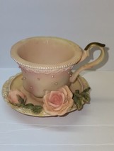 Victorian Candle Holder Pink Shabby Chic Cup and Saucer Soapstone Rose Deta - $28.71