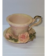 Victorian Candle Holder Pink Shabby Chic Cup and Saucer Soapstone Rose Deta - £22.87 GBP
