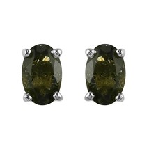 925 Sterling Silver Oval Simulated Olive Green Moldavite Stud Earrings - £26.46 GBP