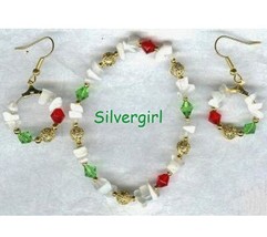 White Red Green Gold Bracelet and Earring Set - £12.82 GBP