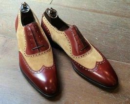 Handmade Men two tone leather Wingtip shoes, Men&#39;s beige and brown dress shoes - £100.85 GBP