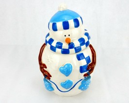 Vintage Porcelain Cookie Jar, Plump Snowman w/Blue Checkered Hat &amp; Scarf - $34.25