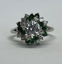 10K White Gold Ring With A Solitaire CZ With A Triple Halo Of CZ&#39;s &amp; Emeralds - £171.38 GBP
