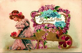 Vtg Postcard 1910s Remember Me Greetings Embossed Gilded Flower Cart Girl - £2.93 GBP