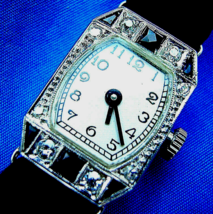Earth mined Diamond Onix Deco Watch Antique European Design 18k White Gold Case - $2,474.01
