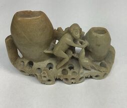 Vintage Hand Carved Chinese Soapstone Monkey Vase Or Toothpick Holder Fi... - $14.85