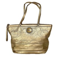 COACH Purse Signature Logo Gold Leather Bucket Handbag Medium Tote - £50.23 GBP