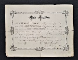 1883 Antique Marriage Cert Lancaster Pa Benj Simmons Anna Eliz Brekenridge - £38.26 GBP