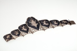 Vintage Thai Silver Siam Niello Enamel gradual tapered Panel Bracelet 7&quot; - £342.71 GBP