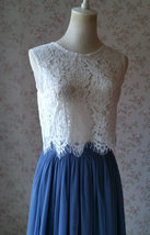 Wedding Two Piece Bridesmaid Dress Dusty Blue Tulle Maxi Skirt Crop Lace Top image 5