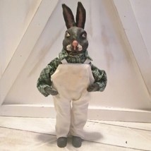 Vintage Folk Art Black Rabbit Doll Resin W/Clay Head Green Plaid Shirt/Overalls  - £22.88 GBP
