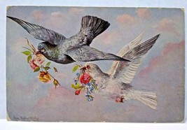 Flying Birds Postcard Assorted Flowers Through Clouds And Blue Sky 1909 Muller - £17.18 GBP