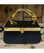 Vtg 80s Black w/ Gold Cat Tiger Panther Handle Purse Handbag Inside Mirr... - $4,175.43 MXN