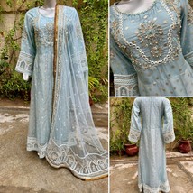 Pakistani light blue soft organza Maxi Style dress Embroidered Sequins ,S - £103.06 GBP