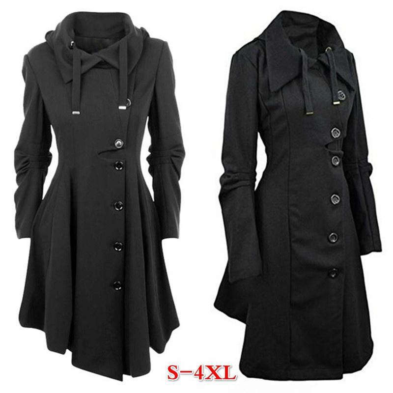 Fashion Women Lady Button Closure Irregular Hem Long Trench Coat Black Cloak Win - $47.00