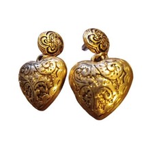 Vintage Puffy Heart Dangle Earrings Antiqued Gold Tone Pierced Jewelry 1.5&quot; - £11.17 GBP