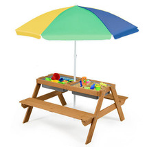 3-in-1 Kids Outdoor Picnic Water Sand Table with Umbrella Play Boxes-Yellow - Co - £135.34 GBP