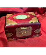 Vintage &quot;Asian&quot; Wood and Brass Jewelry Box with Jade Inlay and hasp - £19.67 GBP