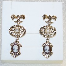 Created White Pearl Cameo Dangle Earrings Yellow Gold over Silver Base 1.75 Inch - $24.49