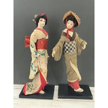 Set Of 2 Kyugetsu Geisha Dolls Vintage Japanese Silk Kimonos on Pedestals - £40.77 GBP