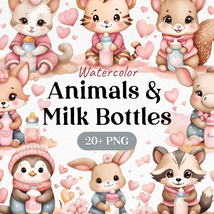 Bundle Watercolor Cute Animals &amp; Milk Bottles Clipart PNG - £2.37 GBP