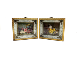 Vintage Foil Art Framed in Shadow Box with Glass Gold Filigree Prints Set of 2 - £43.11 GBP