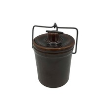 Vtg Brown Crock Cheese Stoneware Glazed &amp; Locking Wire Bale Lid 4&quot; H 3.25&quot;W - £15.81 GBP