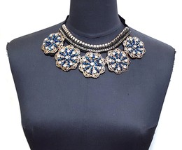 Gold Metallic Blue Bead Clear White Rhinestone Collar Lace Patch Necklin... - £8.64 GBP