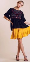New UMGEE Size S Black 3/4 Ruffled Sleeve Keyhole Top Floral Embroidered... - $23.95