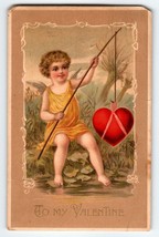 Valentine Postcard  Cherub Angel Fishing For Heart In Pond Vintage 1913 Antique - £8.57 GBP