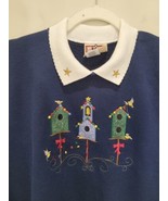 Top Stitch By Morning Sun Blue Crewneck L Large Country Christmas Birdho... - $25.60