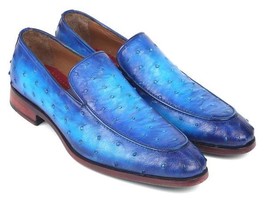 Paul Parkman Mens Shoes Blue Loafers Leather Ostrich Upper Handmade 7395... - $779.99