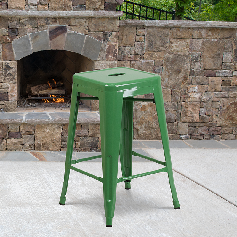 24" Green No Back Metal Stool CH-31320-24-GN-GG