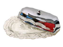 Vintage 1960’s Scroll Edge Pressed Glass Butter Dish With Chrome Cover - £17.44 GBP