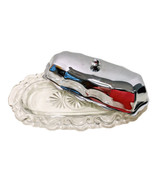Vintage 1960’s Scroll Edge Pressed Glass Butter Dish With Chrome Cover - £17.34 GBP