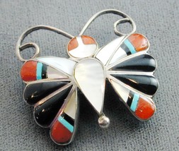 Vintage Zuni Sara Edaake Butterfly Pin Pendant Sterling MOP Turquoise Coral - £99.91 GBP